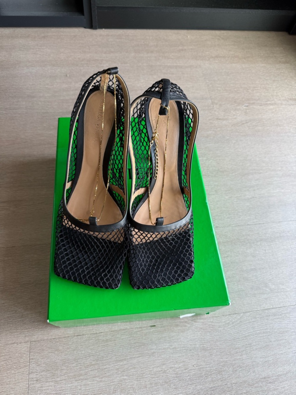 Bottega Veneta Black Mesh Square-Toe Slingback Heels